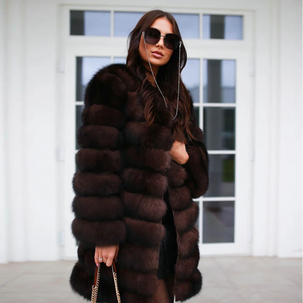 

Dark Sable Color Woman Real Fox Fur Coat 90cm Long O-neck Whole Skin Natural Fox Fur Coats Outwear 2021 Luxury Woman Genuine Fur