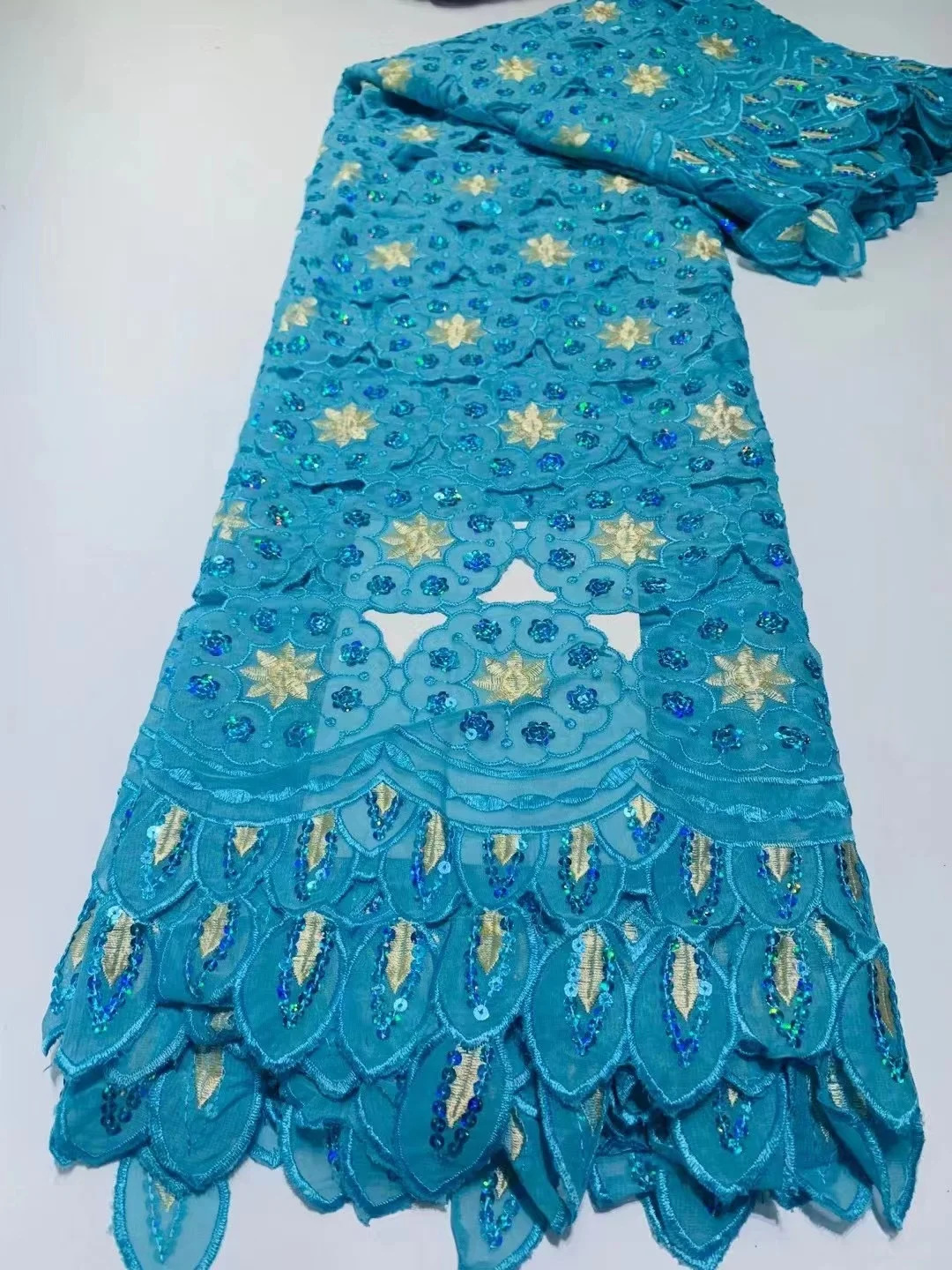 

Swiss Voile Lace Fabric Austria sky blue Embroidery Style sequins African French Nigeria High Quality Best Selling Aso Ebi Dress