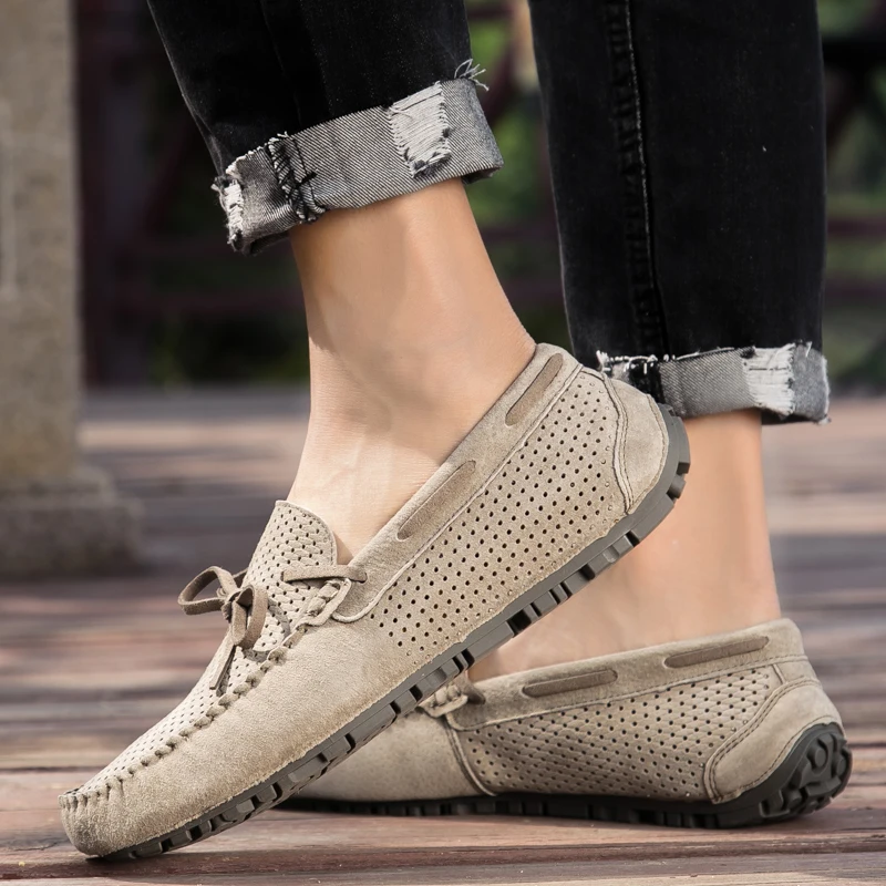 

Мужские повседневные туфли, перфорированные, на плоской подошве, дышащие, износостойкие, без застежки, лето