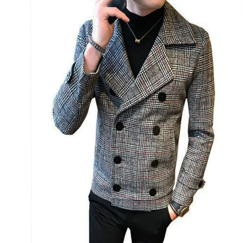 

Mens Coat 2020 new double-breasted windbreaker fashion retro tartan coat large slim short coat men's banquet party dress coat