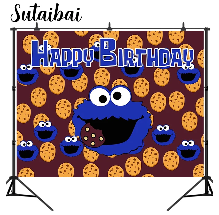 Blue Cookie Happy Birthday Party Photography Backdrop Cartoon Monster Background Children Kids Baby Shower Banner Studio Props