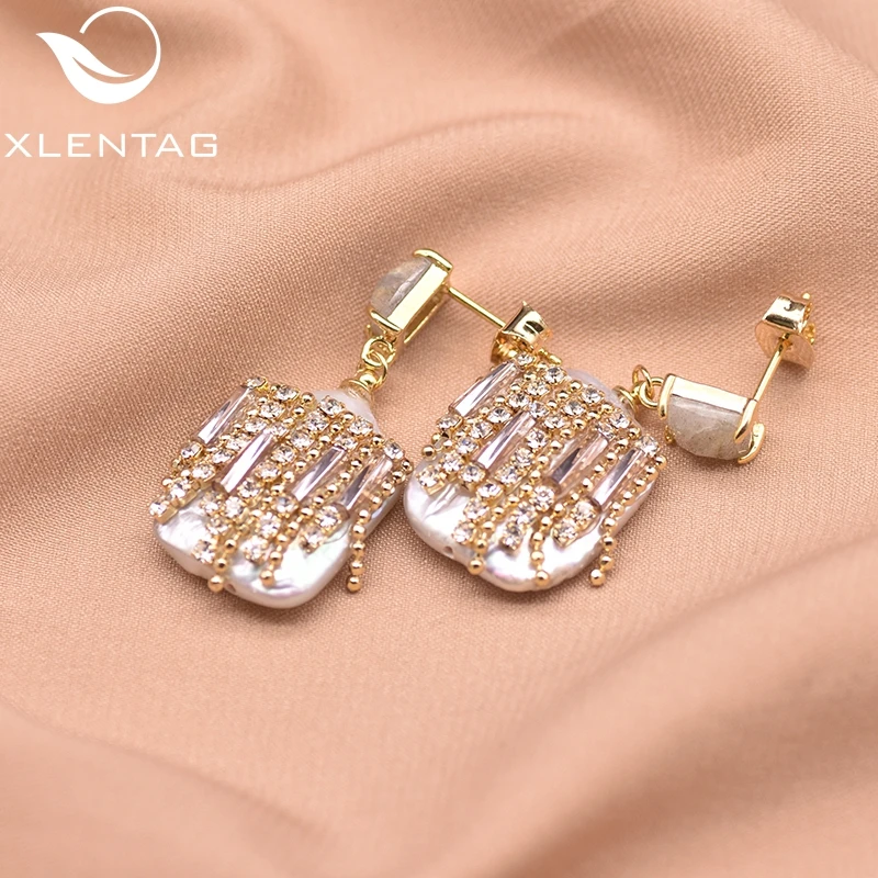 Женские серьги подвески XlentAg пресноводный барочный жемчуг с цирконием роскошные