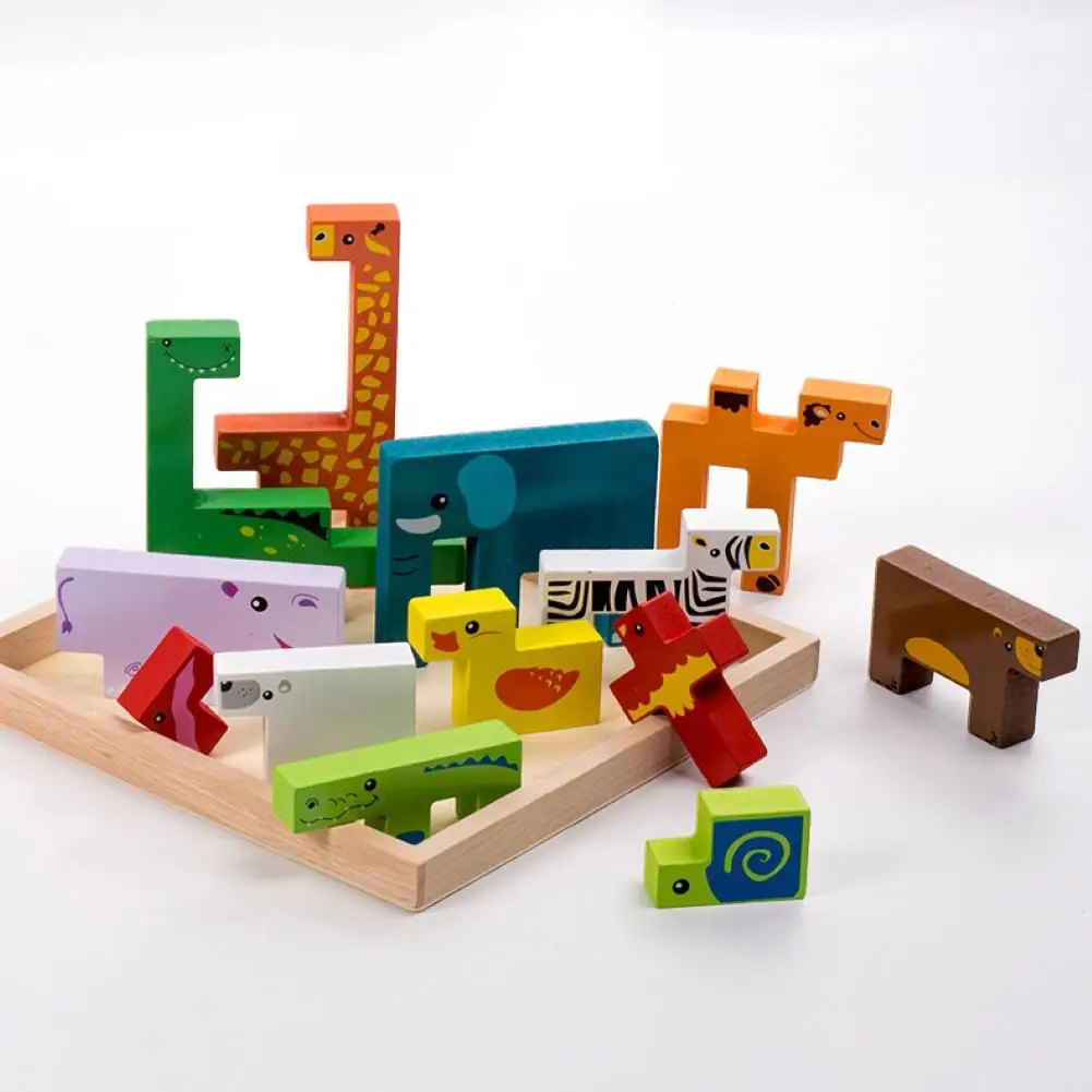

Kids Wooden Animal Puzzle Brain Teasers Building Blocks Game Set Intelligence Interactive Toys