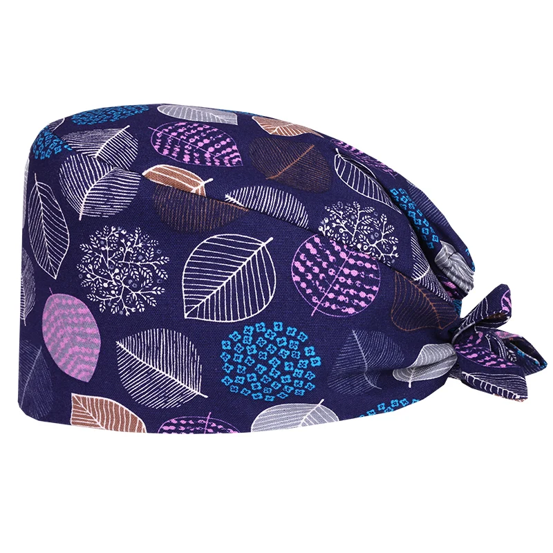 

Leaf Print Scrub Caps Pattern Nursing Work Hats Navy Women Men 100% Cotton Beautician Cooking Chef Skull Cap M315