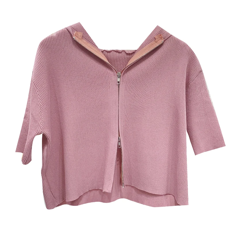 

South Korea Dongdaemun 2021 Spring/Summer New Hooded Knit Cardigan Women's Short-Sleeved Shirt for Younger Students Trendy Women