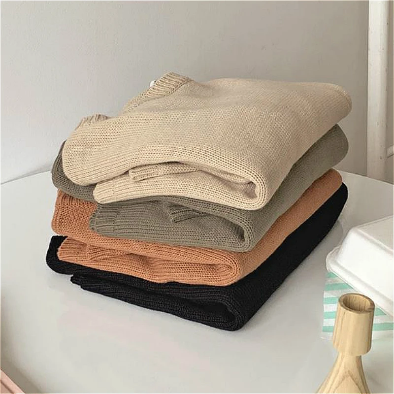 

Pullovers Women Loose Knit Solid Color Korean Crop Top Sweaters Womens Elegant Teens All-match Retro Fashion Ulzzang Chic Casual
