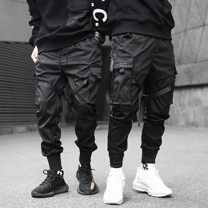 

2021 New Men's Side Pockets Cargo Harem Pants Ribbons Black Hip Hop Casual Male Joggers Trousers Fashion Casual Streetwear Pants