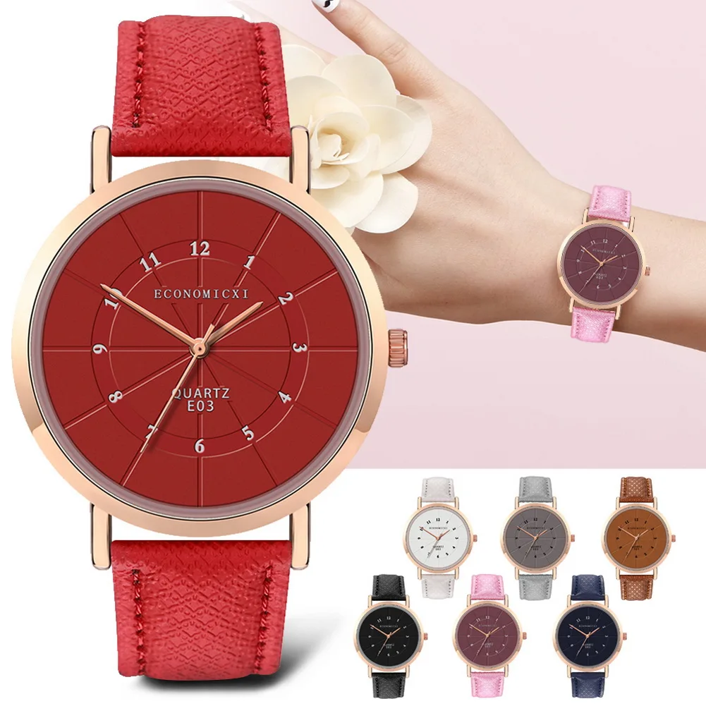 Популярные женские классические кварцевые часы с кожаным ремешком простые