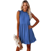 2021 summer sleeveless dress ladies ruffle round neck dress solid color casual robes party outfits clubwear women vestido