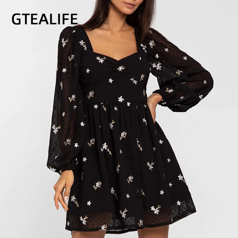 

GTEALIFE Spring Autumn Embroidery Floral Lantern Long Sleeve V Neck Elegant Dress Office Lady Casual High Waist Mini Party Dress