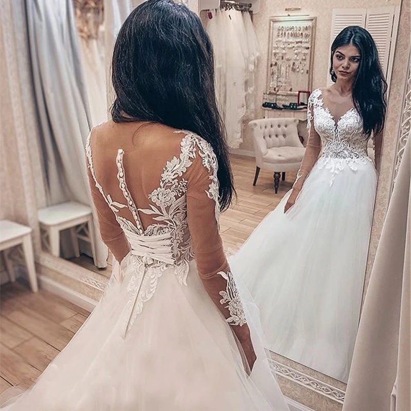

Stunning Lace Appliques Long Sleeve Wedding Dress Sheer Bateau Neck Zipper Button Corset Back Bridal Gown