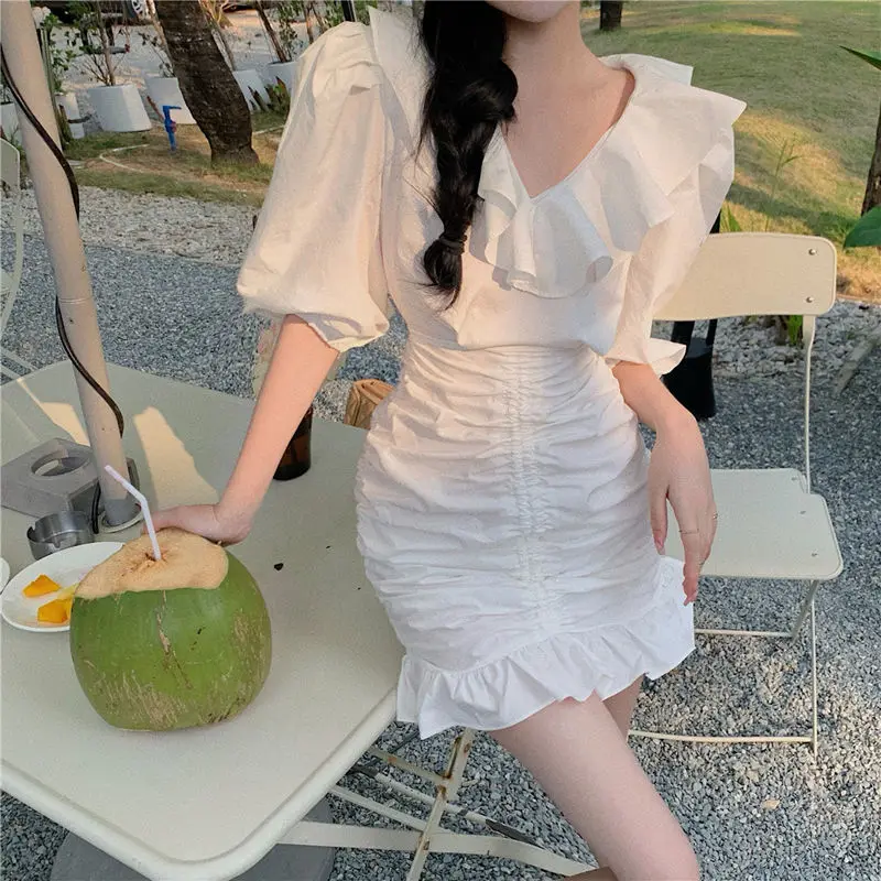 

V-neck Ruffle Dress summer bag hip pleated fishtail skirt new 2021 ins super fairy student