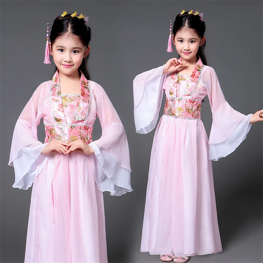 Hanfu древний китайский традиционный костюм для девочек, сценическое платье для танцев, Женский костюм феи в народном стиле, костюм Танга для детей