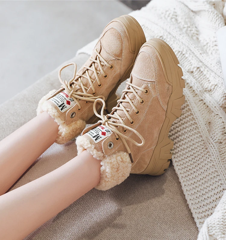 Fujin/женские ботинки Зимние Теплые ботильоны Ботинки на шнуровке Меховая плюшевая