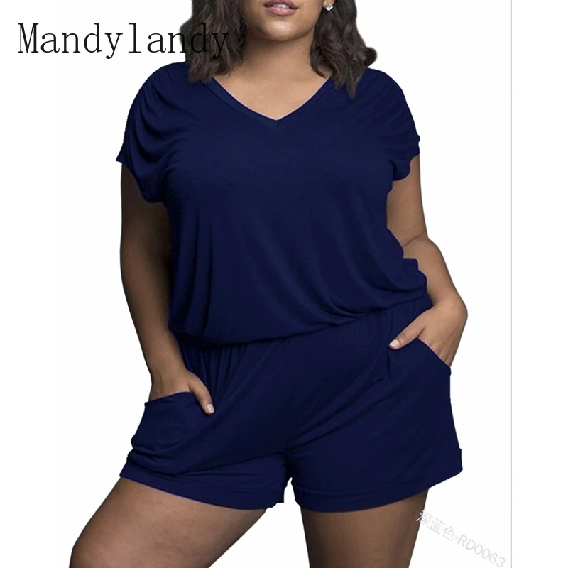 

Mandylandy Playsuits Summer V-neck Short Sleeve Mid-Waist Straight Playsuits Women's Casual Solid Color Loose Pockets Playsuits