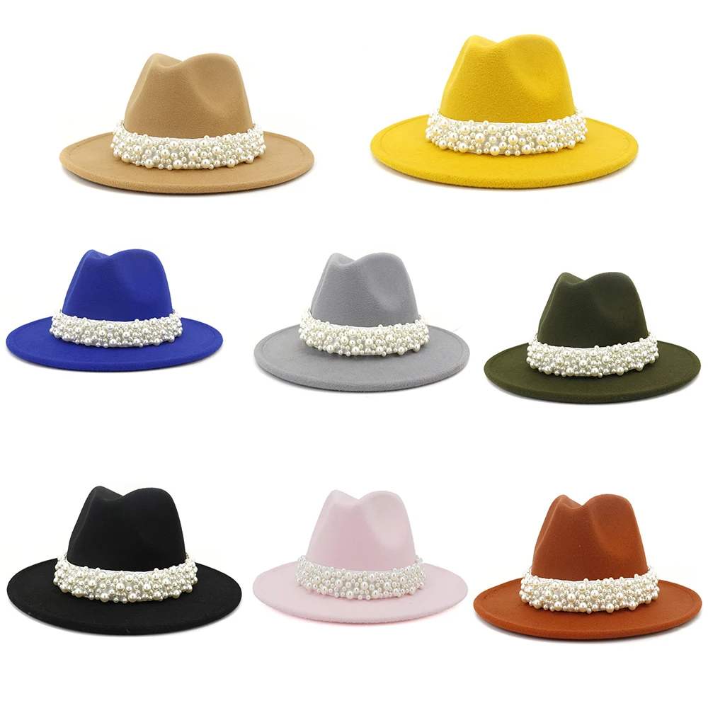 

Fashion Women Wide Brim Wool Fedora Hats For Men Leather Pearl Ribbon Felt Hat Winter Panama Trilby Formal Party Cap 58-60CM