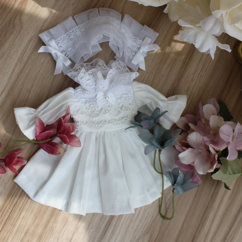 Белый Одежда для кукол 1/3 1/4 1/6 BJD Белое Платье милое простое платье для blyth 1/6 1/4 1/3 BJD кукла аксессуары, платье+ украшение для волос - Цвет: Белый