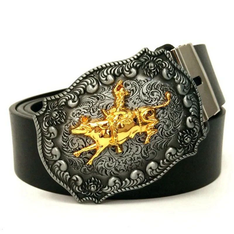 Western Cowboy Casual Black Men Belts with Golden Rodeo Bull Riding Rider Big Metal Buckle Fashion Male Accessories Cool Gifts