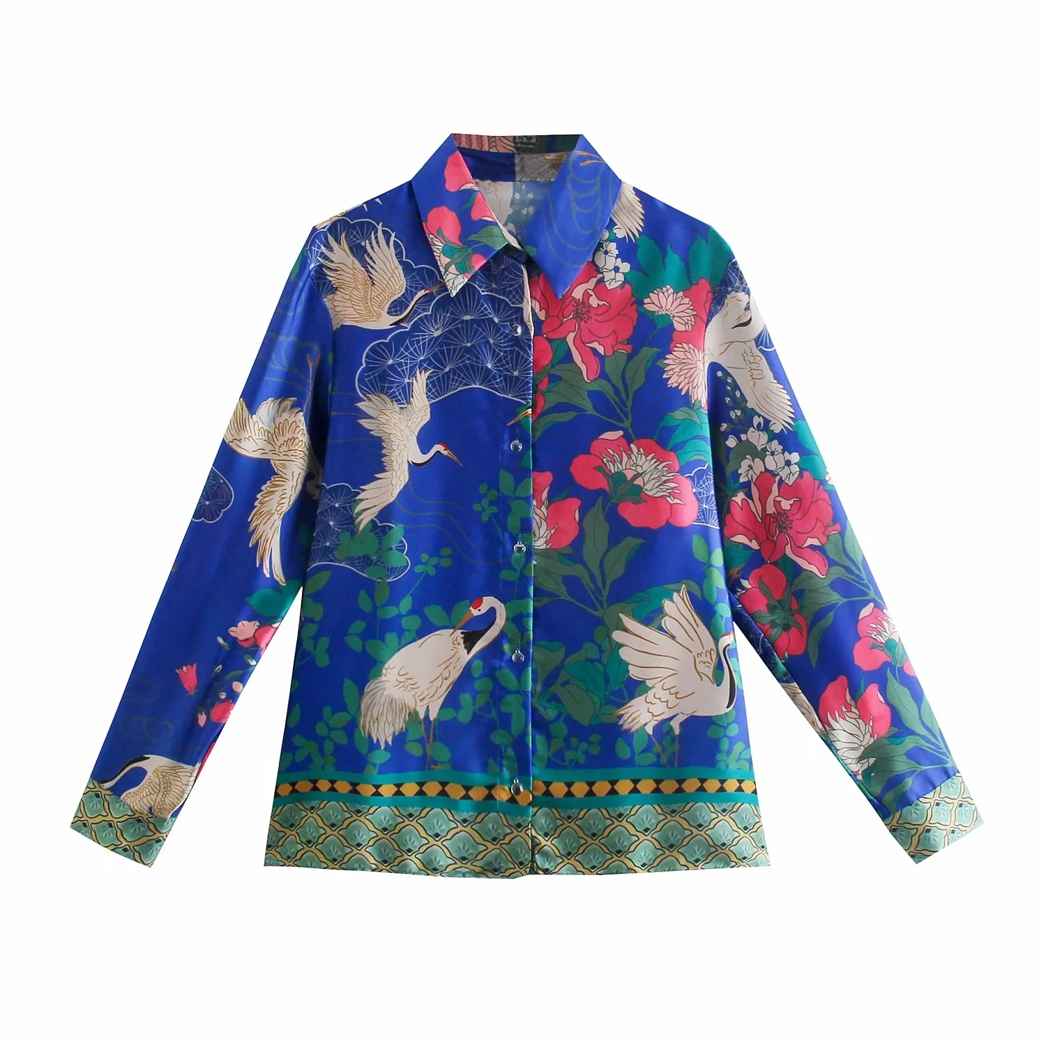 

Vintage Blue Crane Floral Print Women Shirt Spring Fall Long Sleeve Single Breasted Female Blouse Chic Tops