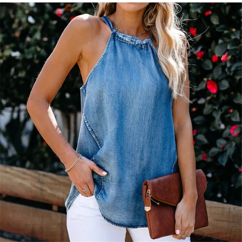 2021 Fashion Trend Women Ladies Sexy Halter Denim Imitation Jean Vest Solid Color Lace up Sleeveless Casual Top Tanks Camisole | Женская