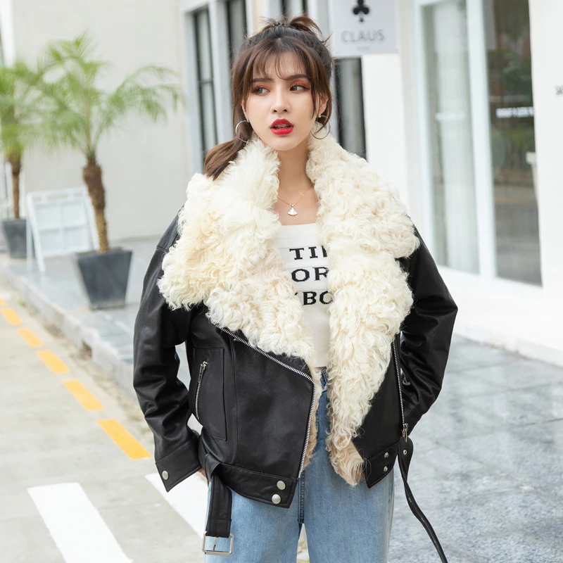 

rf1956 New Grunge Style Genuine Sheep Leather Jacket Oversize with Tigrado Sheep Fur Real Leather Coat Women