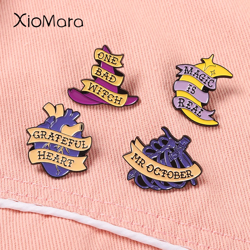 

Witch Hat Enamel Pins Real Magic Brooches Purple Heart Badges Collar Backpack Decoration Gift for Girl Boy
