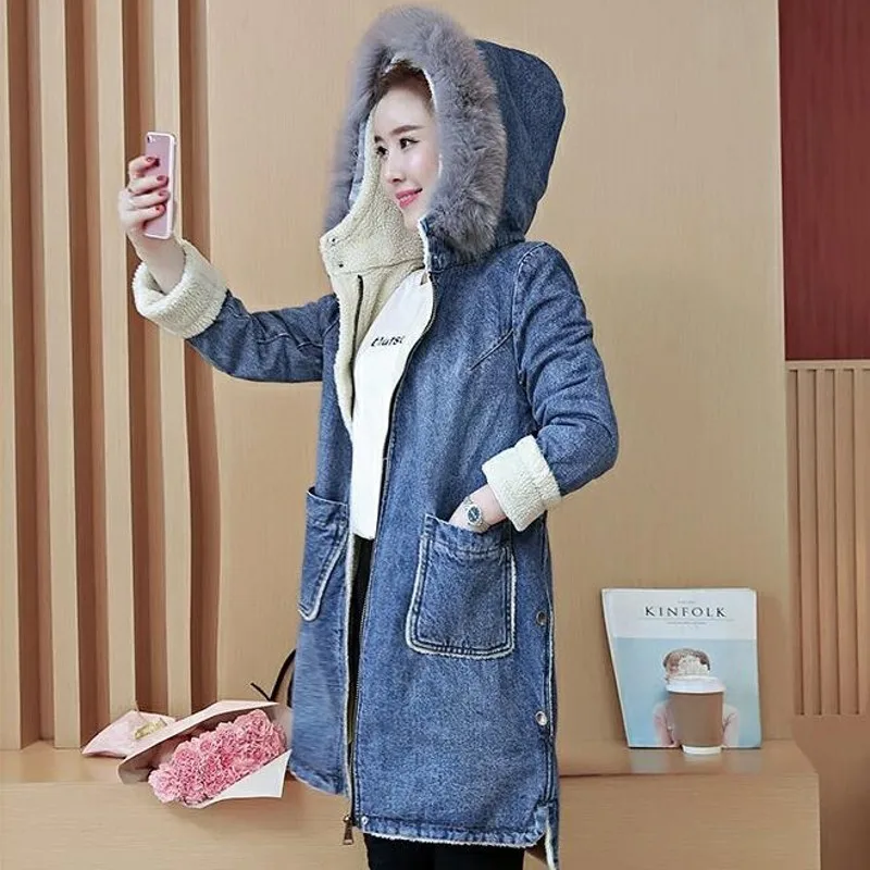 Casual Streetwear Women Big Fur Collar Denim Hooded Coats Winter Thick Warm Lambswool Liner Female Medium Length Plus Size | Женская