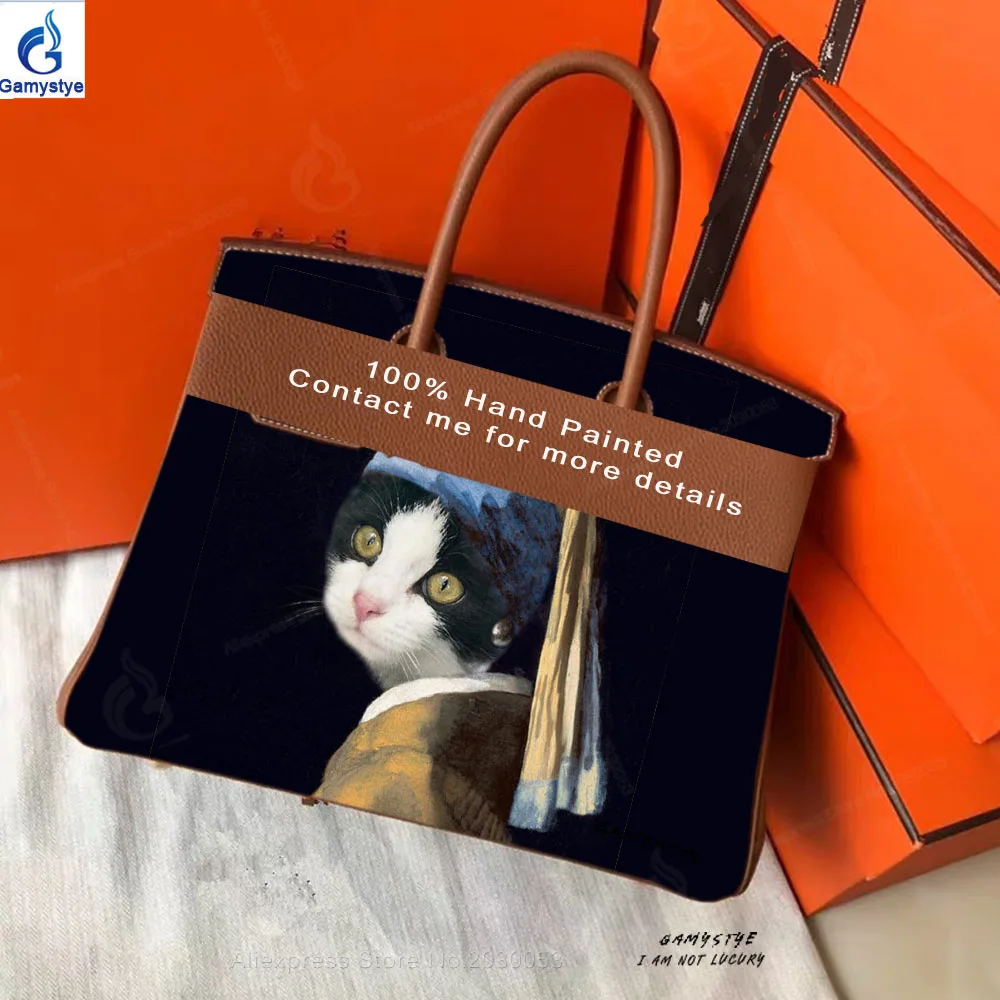 Ручная краска ручная работа кошка девушка с сумки жемчугом женские известные