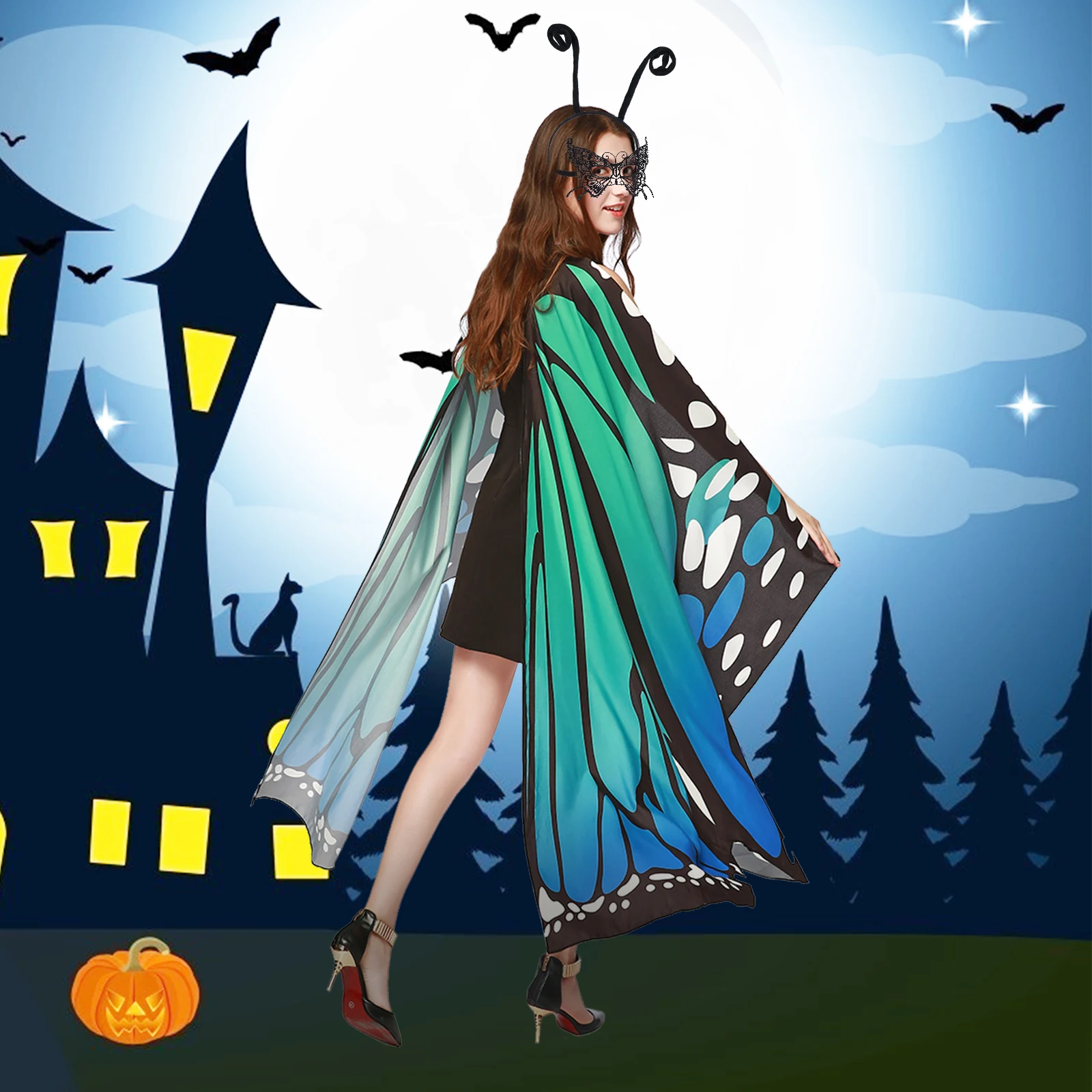 

Butterfly Wings Shawl with Antenna Headband and 3 Pcs Butterfly Lace Masks Women