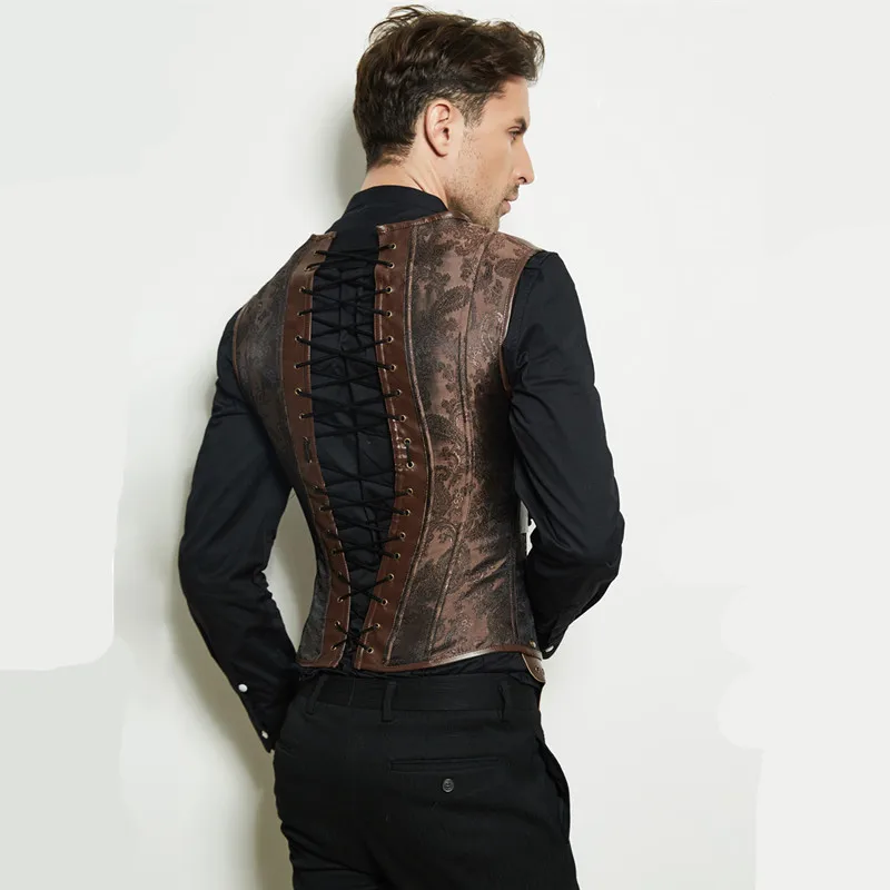 Стимпанк мужские темно коричневые s готическая одежда жилеты из искусственной