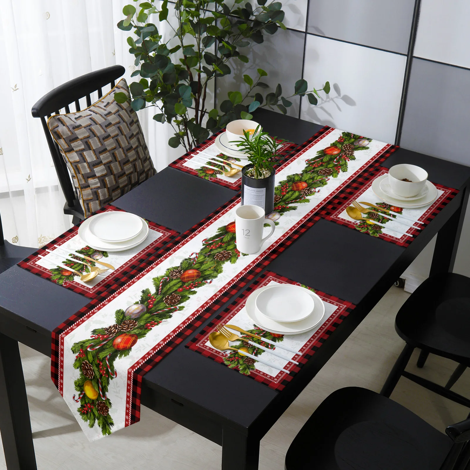 

Рождественская искусственная сосна, красная клетчатая скатерть и Набор салфеток, скатерть, покрытие для стола, аксессуары для домашнего де...