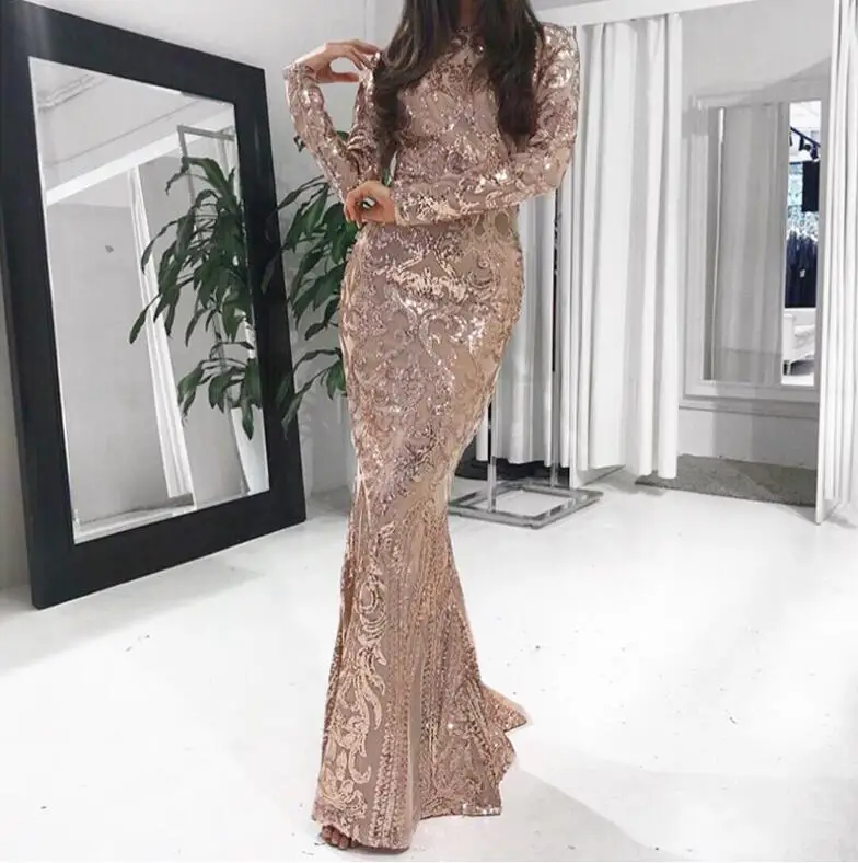 Расшитое блестками Макси платье с длинными рукавами и круглым вырезом