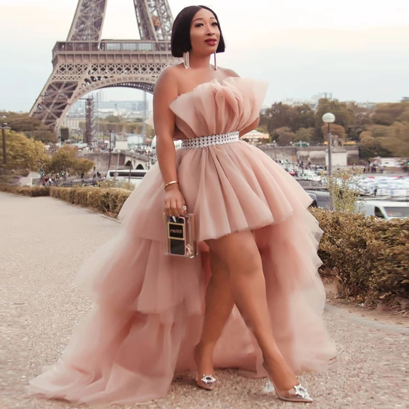 

Modern Simple High Low Prom Party Dresses Dusty Pink Sleeveless Strapless Beaded Belt Wedding Party Gowns Sweep Train 2021 New