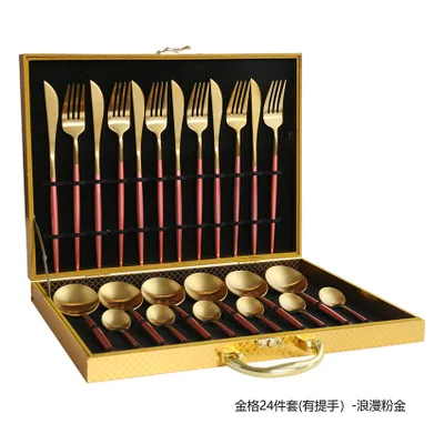 24pcs with giftbox Черный золотой набор столовых приборов 24 столовых приборов набор 18/10 из нержавеющей стали столовая вилка и нож белый золотой набор столовых приборов розовый с деревянной подарочной коробкой - Цвет: 24pcs with giftbox