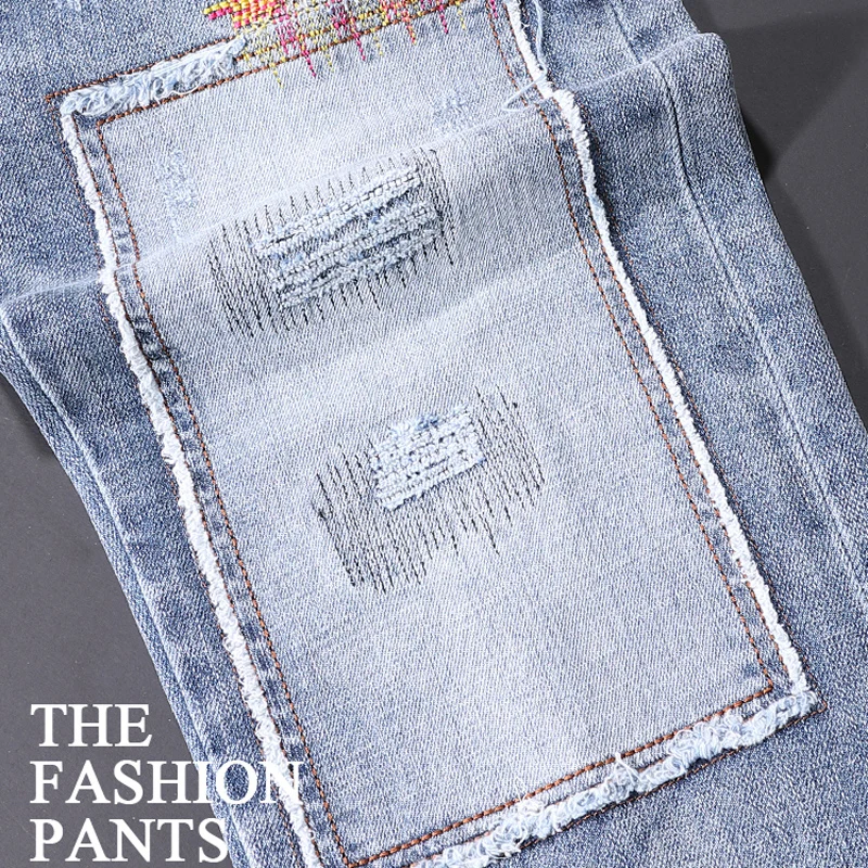 American Street Fashion Men Jeans Retro Light Blue Slim Fit Ripped Jeans Men Embroidery Patch Designer Hip Hop Denim Punk Pants