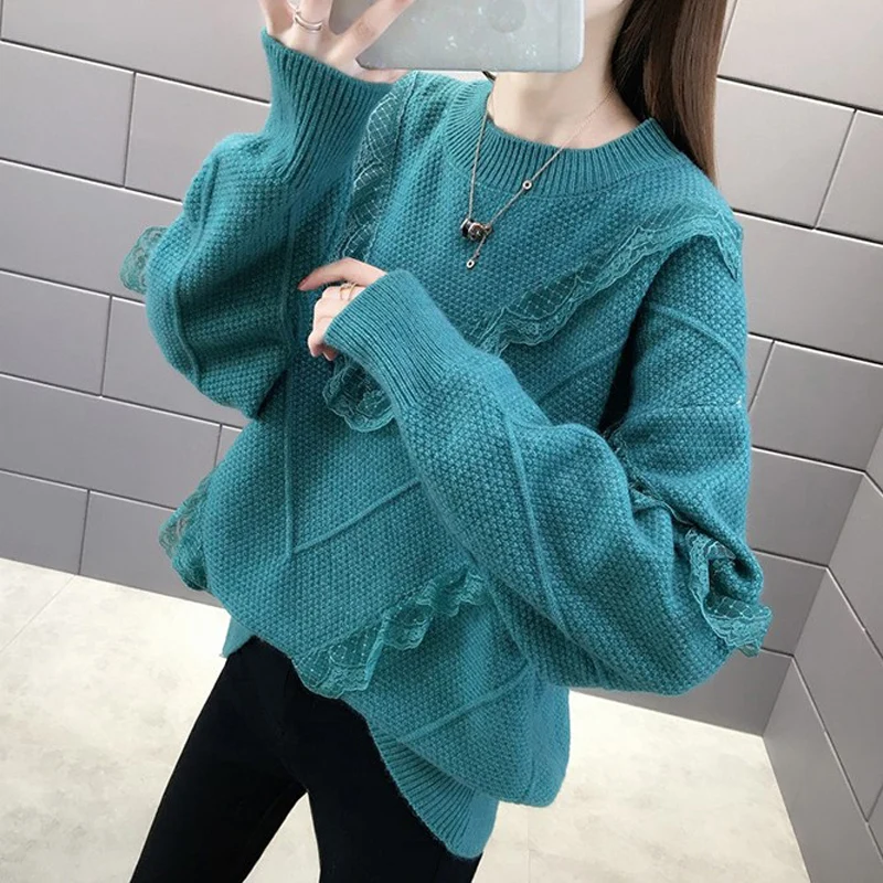 

Thick Warm Women Pullover Sweaters Loose Ruffles Lace Bottoming Knitwear 2021 New Autumn Winter Casual Outerwear Jumper Tops