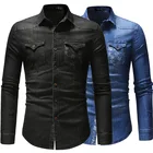 Весенне-осенняя Высококачественная джинсовая мужская повседневная приталенная рубашка с длинным рукавом и карманом черного и синего цвета размера плюс 3XL