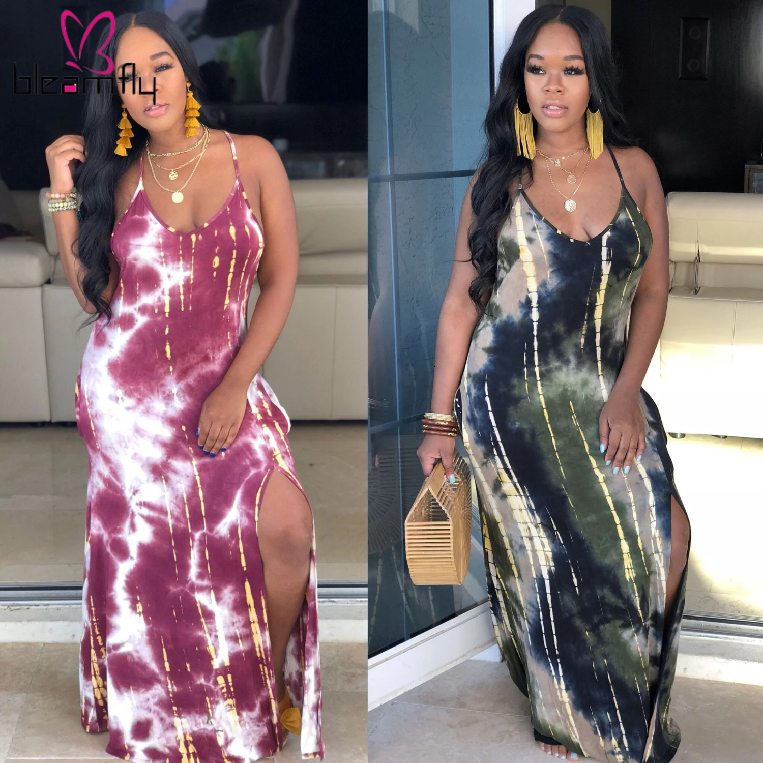 2019 женское летнее Новое свободное платье макси без рукавов с принтом Tie Dye модный
