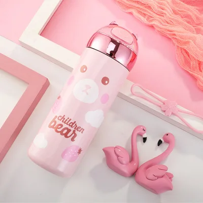 B Bear 330ml Boxi Милая термобутылка из нержавеющей стали для девочек, портативная объемная кружка с блестками из мультфильма с веревкой, открытый спортивный термос, кружка 300 мл - Color: B Bear 330ml