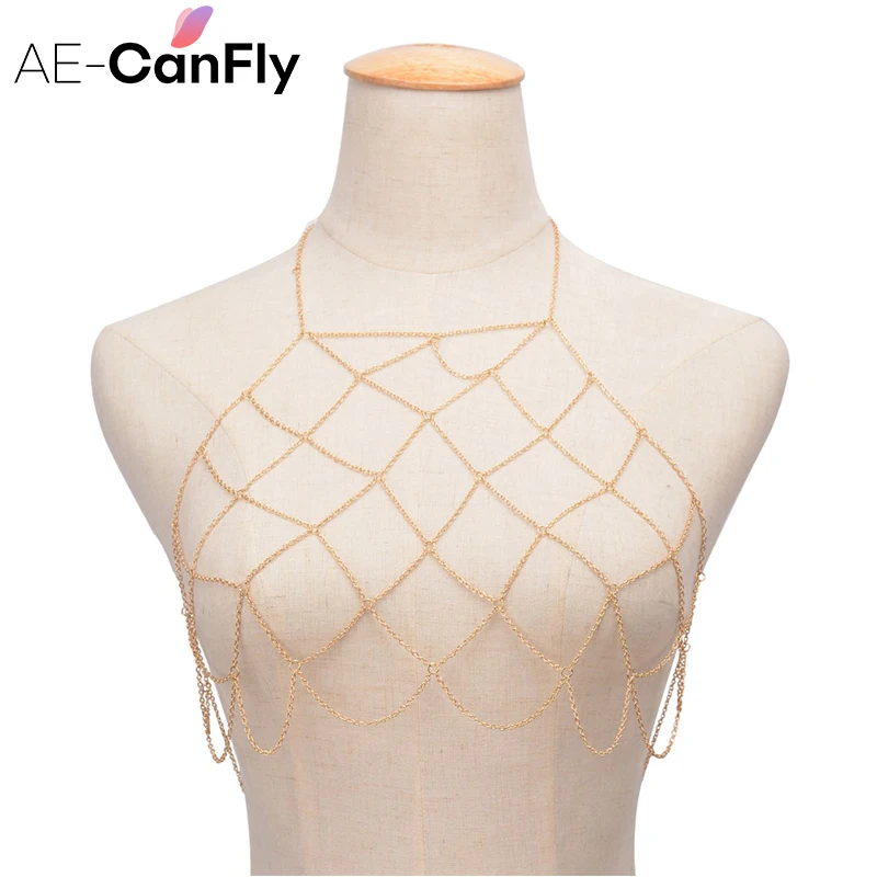 AE CANFLY сексуальное бикини живота талии цепи Золото Тон Чистая сетки кисточкой