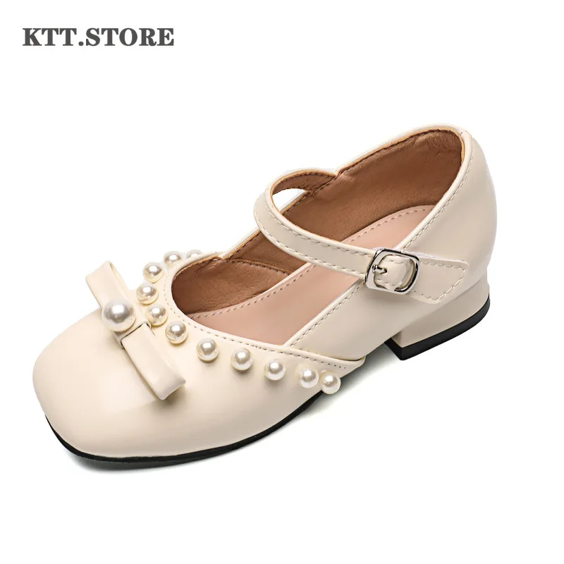 

KTT Children's Leather Shoes Bigger Girls Leather Shoes with Pearl Girls Show Shoes Princess White Girls Party Leather Shoes