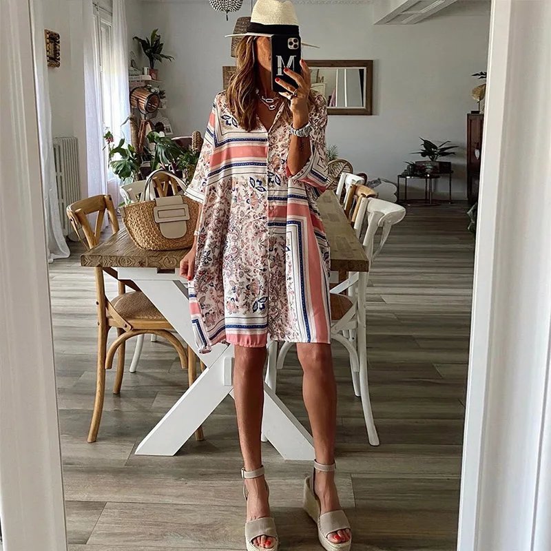 

Summer Casual Women Lapel Print Dress Elegant Three Quarter Sleeve Button Dress Female Loose Streetwear Holiday Dress Vestidos