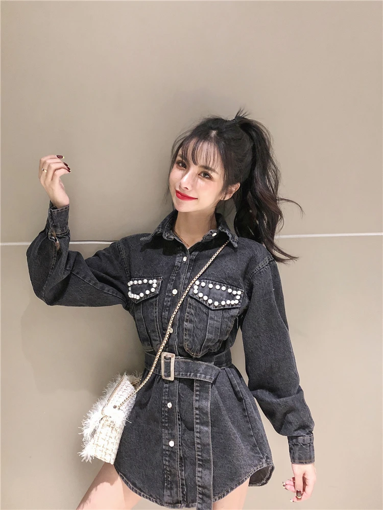 Fall winter Korean style lapel waist tie mid-length beaded denim jacket