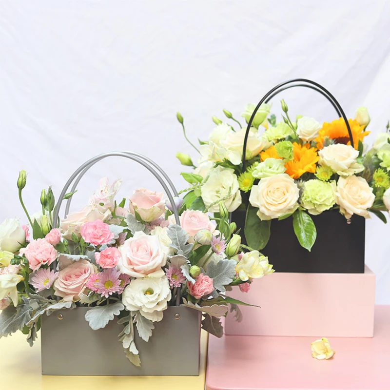 

New Flowers Carry Bag Rectangular Kraft Paper Bags PVC Flower Box With Handle Waterproof Bouquet Florist Gift Bags With Handles