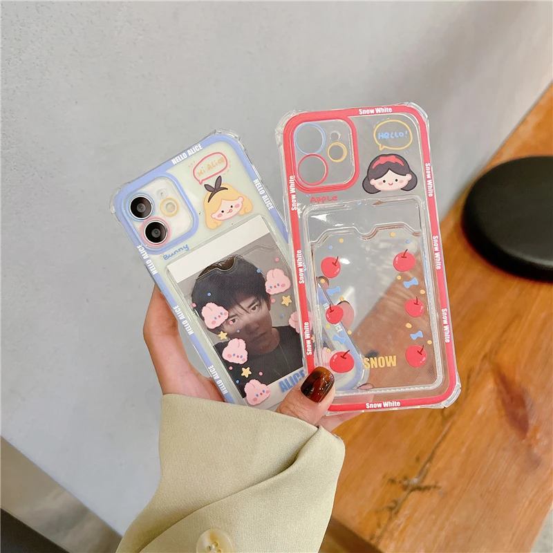 Cute Girl Cartoon Rabbit Shockproof Clear Phone Case For iPhone 11 12 13 Pro XS Max X XR 7 8 Plus Soft Wallet Cover Card Holder