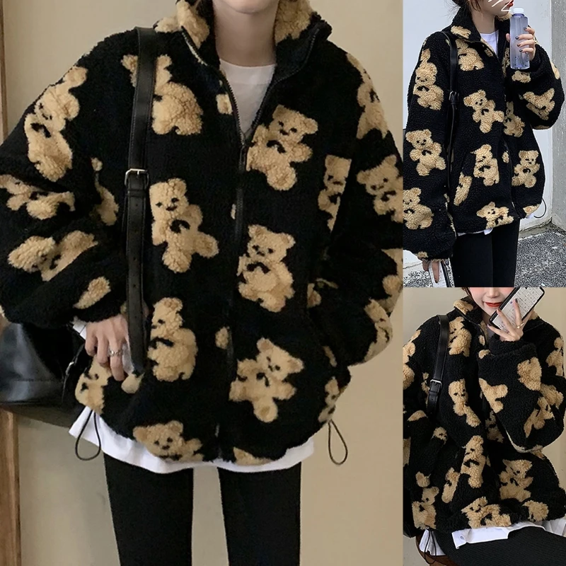 

Women Winter Warm Faux Fur Jacket Cartoon Bear Graphic Printed Long Sleeve Zipper Coat Harajuku Fuzzy Oversized Loose with