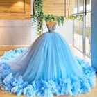 Светильник-голубые Бальные платья 2021, бальное платье принцессы на тонких бретельках с блестками и бусинами, милое платье 15 без рукавов с рюшами