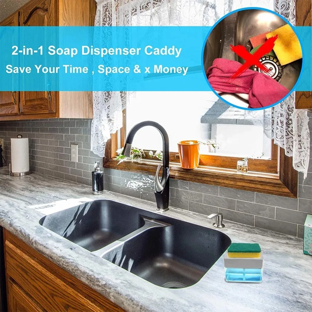 

2-in-1Soap Dispenser And Sponge Caddy Sponge Rack Soap Dispenser 13 Ounces Creative kitchen cleaning supplies#1230