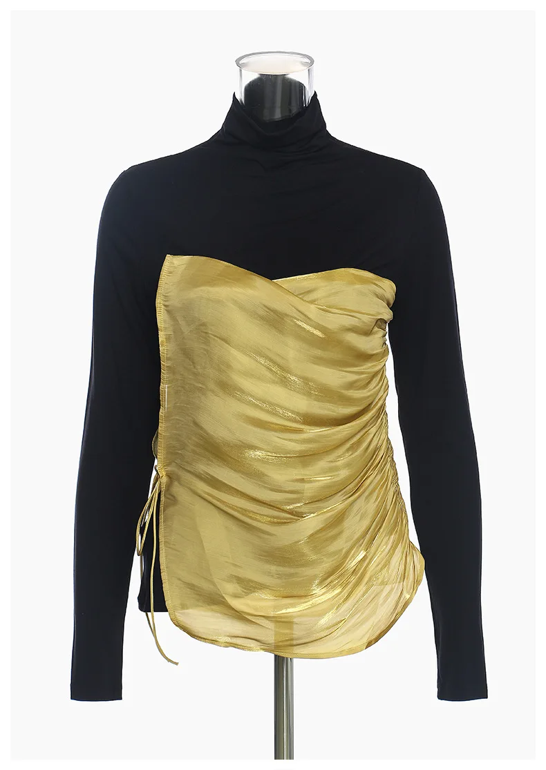 

MSXU Elegant Fashion Chic Turtleneck Contrast Color Patchwork Fitted Slim Casual Club Women Blouse T-Shirt Tops