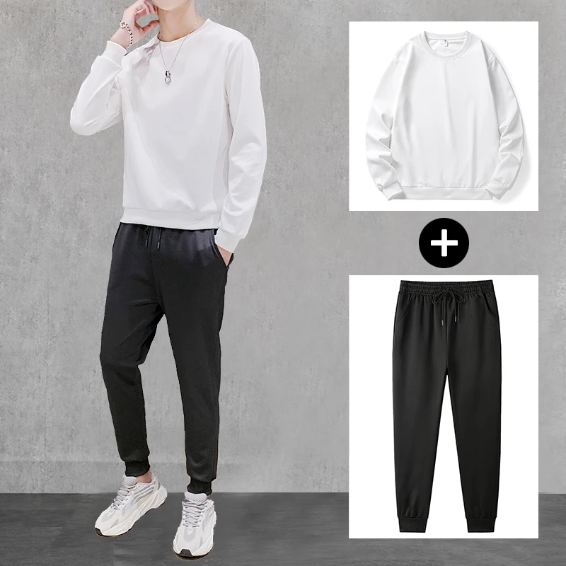 

2021 New Men's Casual Sports Suit Loose Solid Color Fitness Running Long-Sleeved Black Sweater Slim Straight Trousers